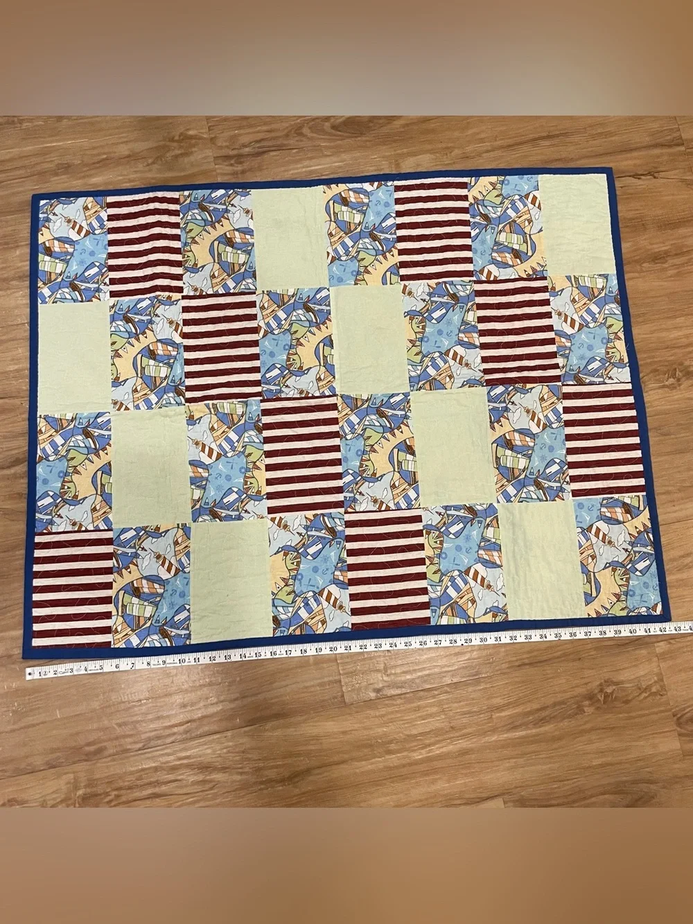Handmade Nautical Theme Red White Blue Cottage Core 32.5” X 42.5” Baby Quilt